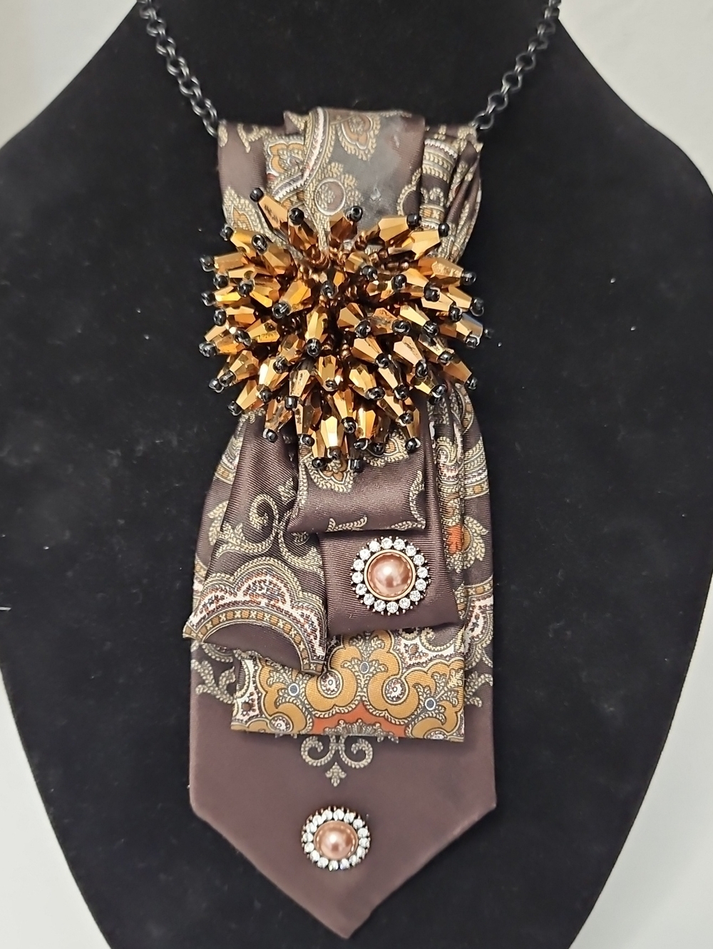 Silverwoods Embellished Paisley Necktie Necklace in Brown and Gold
